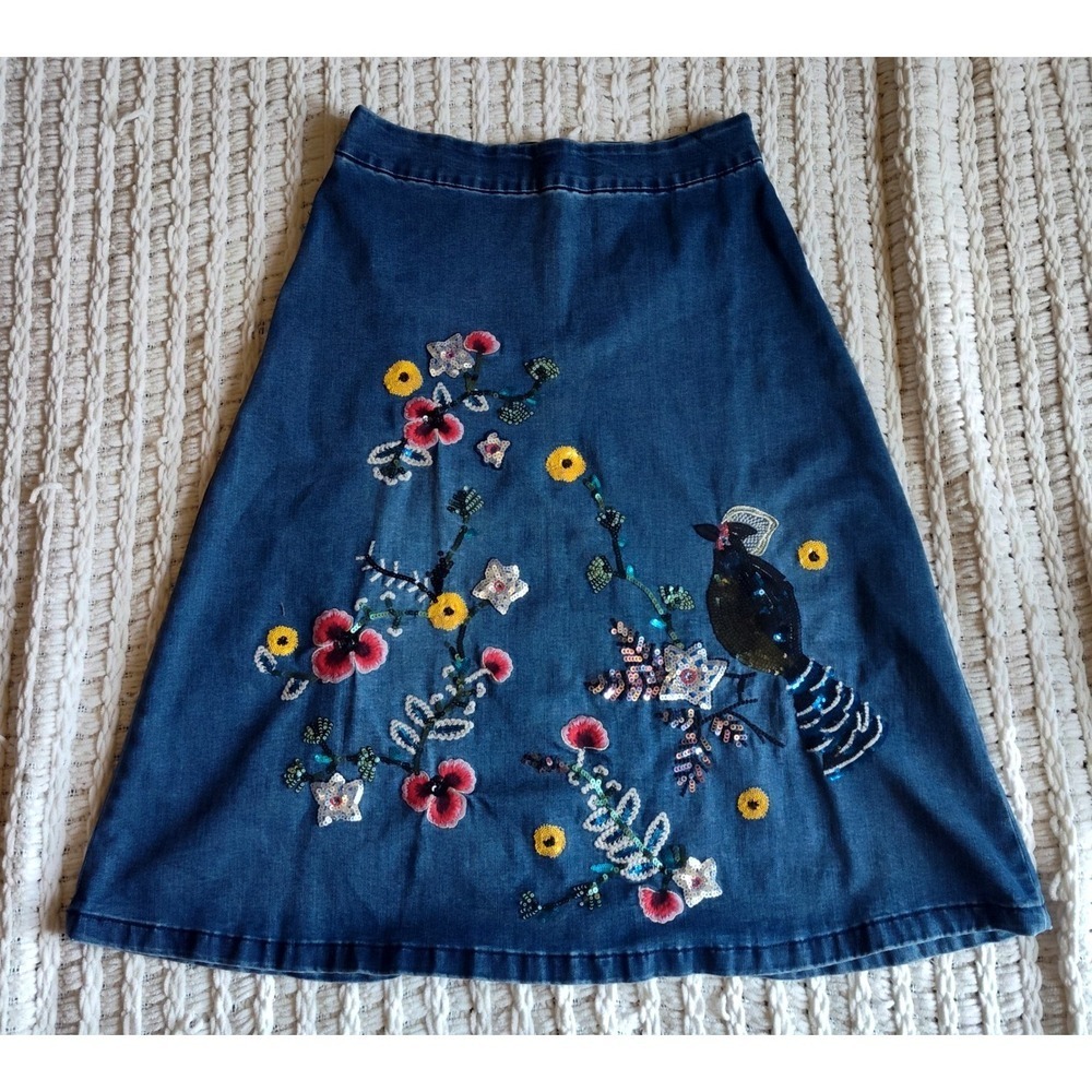 V Christina Denim Jean Skirt Embroidered Vintage 12 Sequins Bird Flowers